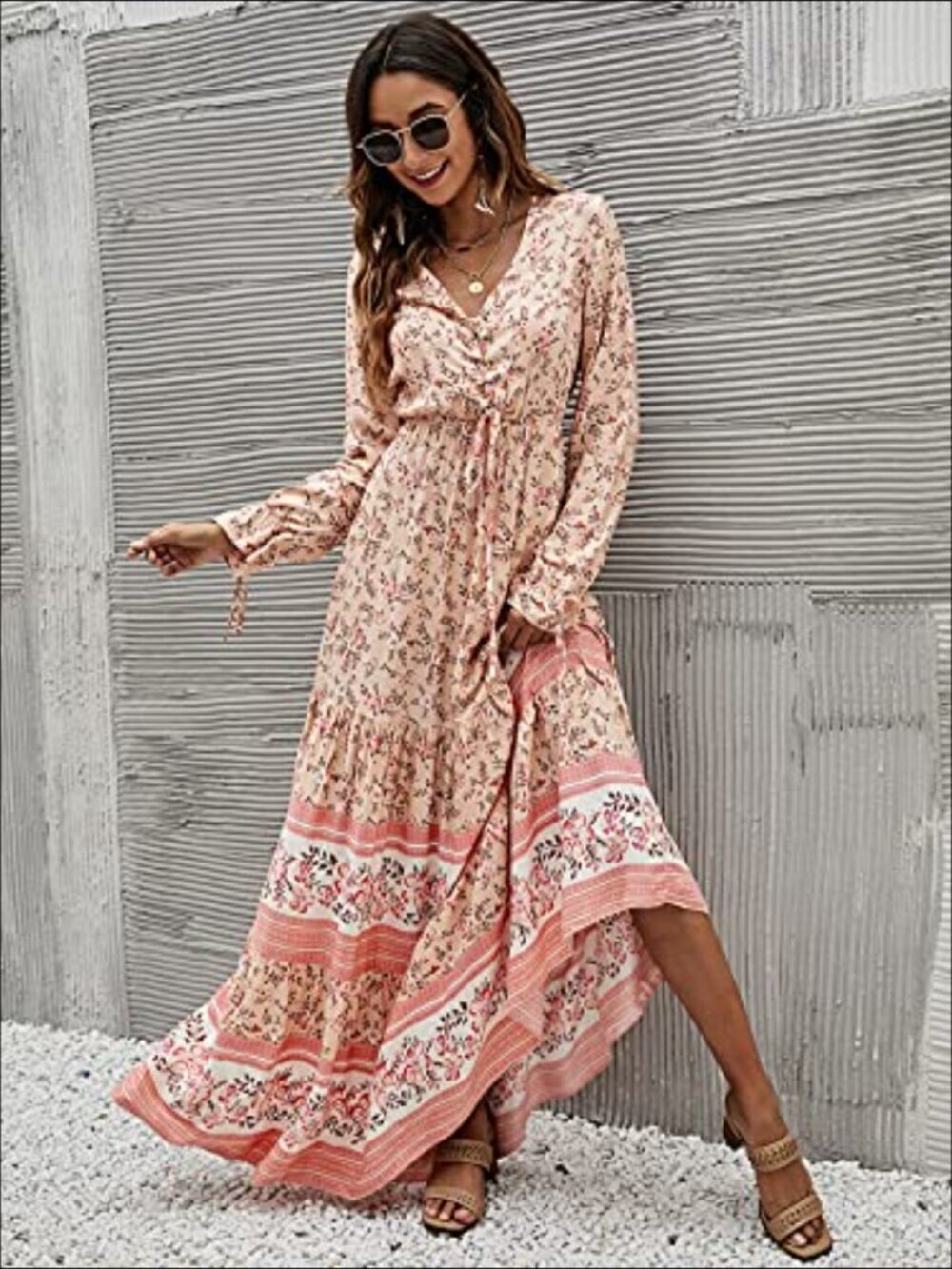 Womens Floral Print V Neck Long Sleeve Maxi Dress Boho Flowy Hippie Peasant - Picture 2 of 2